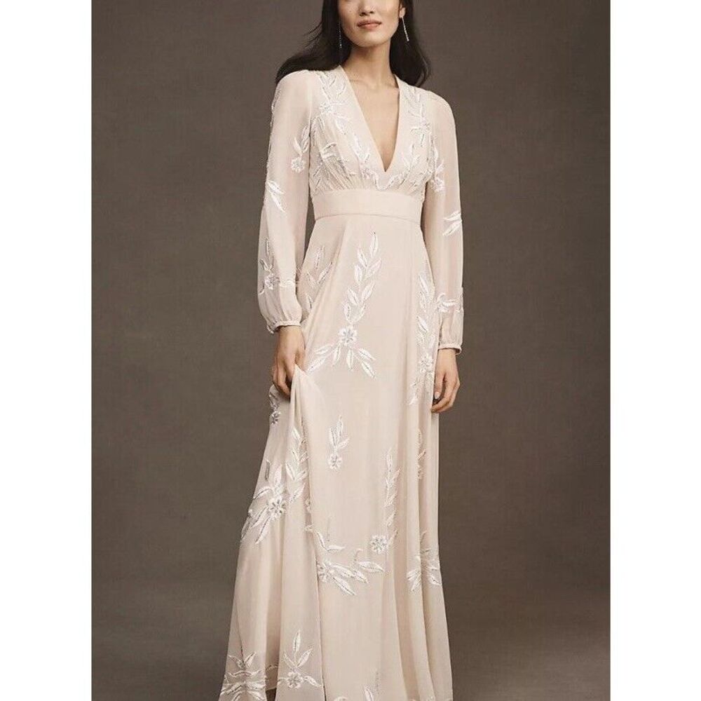 Anthropologie BHLDN Belize Embroidered A-Line Long-Sleeve V-Neck Gown Size 18